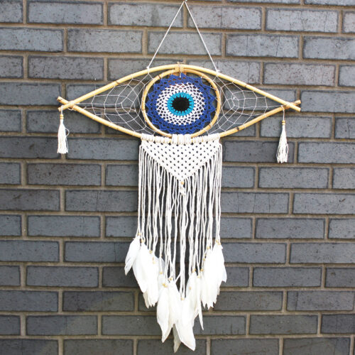 Filtro de sonhos de Bali com macramé - 70x23 cm - azul, branco e preto