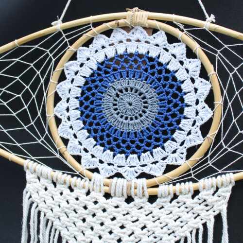 Filtro de sonhos de Bali com macramé - 70x23 cm - branco, azul e cinza 2