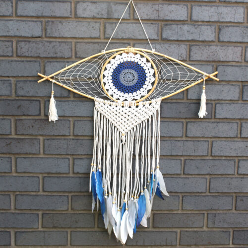 Filtro de sonhos de Bali com macramé - 70x23 cm - branco, azul e cinza