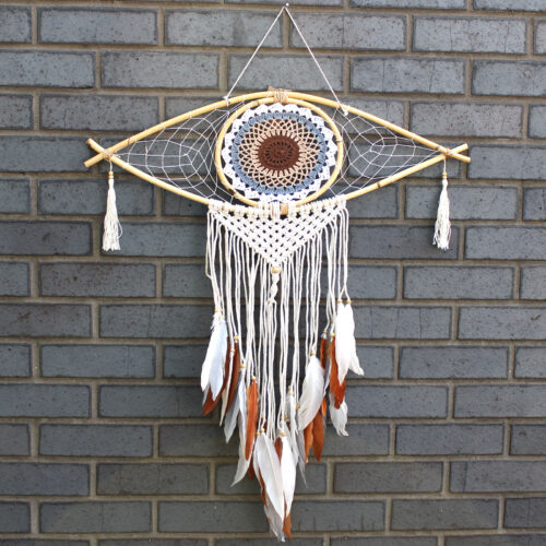 Filtro de sonhos de Bali com macramé - 70x23 cm - branco, cinza e castanho