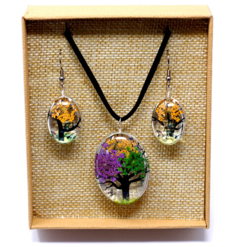 Conjunto de colar e brincos de flores verdadeiras prensadas - Árvore da vida - Colorido