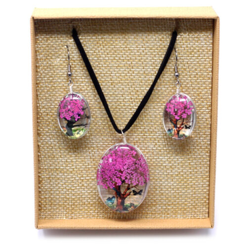 Conjunto de colar e brincos de flores verdadeiras prensadas - Árvore da vida - Rosa