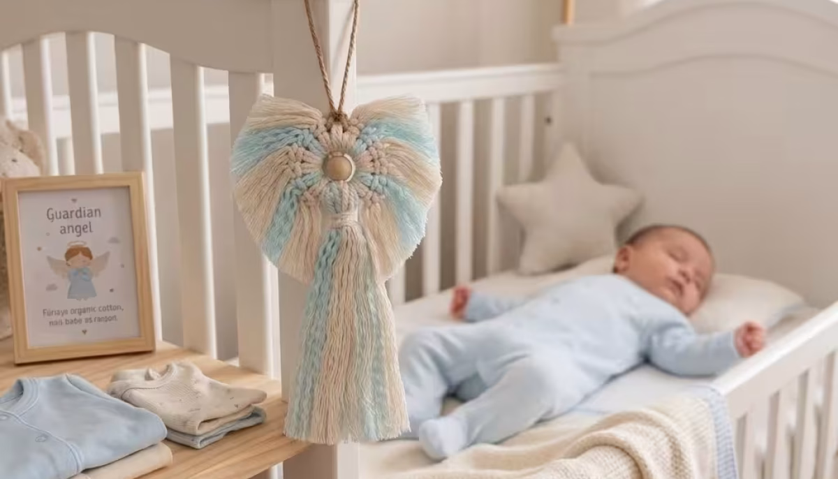 Anjo em macram&eacute; 100 algod&atilde;o - Anjo da guarda azul junto ao ber&ccedil;o
