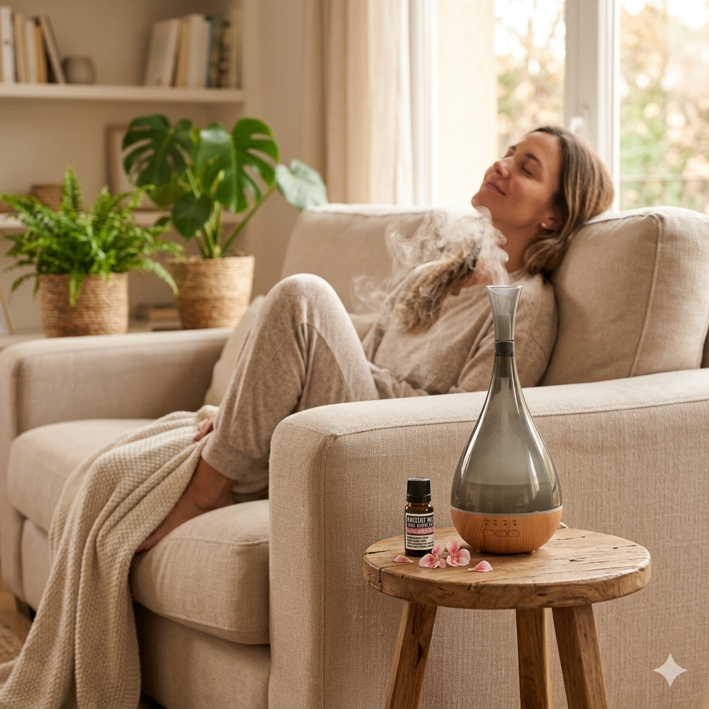  relaxar com um difusor e &oacute;leo essencial de ger&acirc;nio